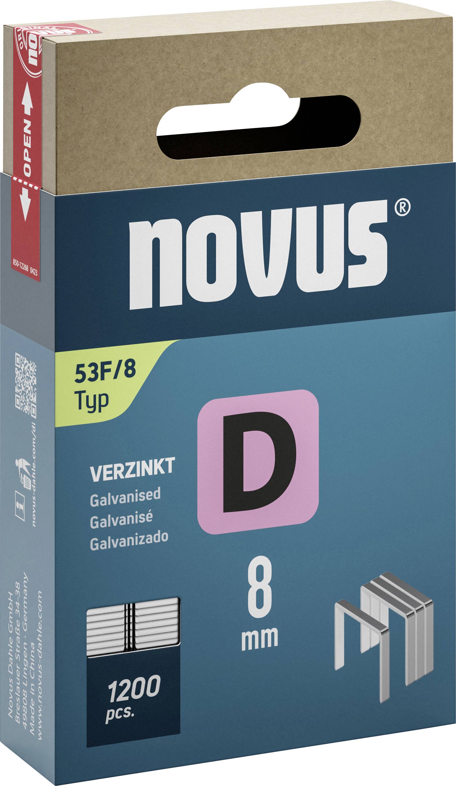 Kancelárske sponky 'Novus 53F/8 Typ D', 8 mm, pozinkované, 1200 kusov v modro-zelenej krabičke.
