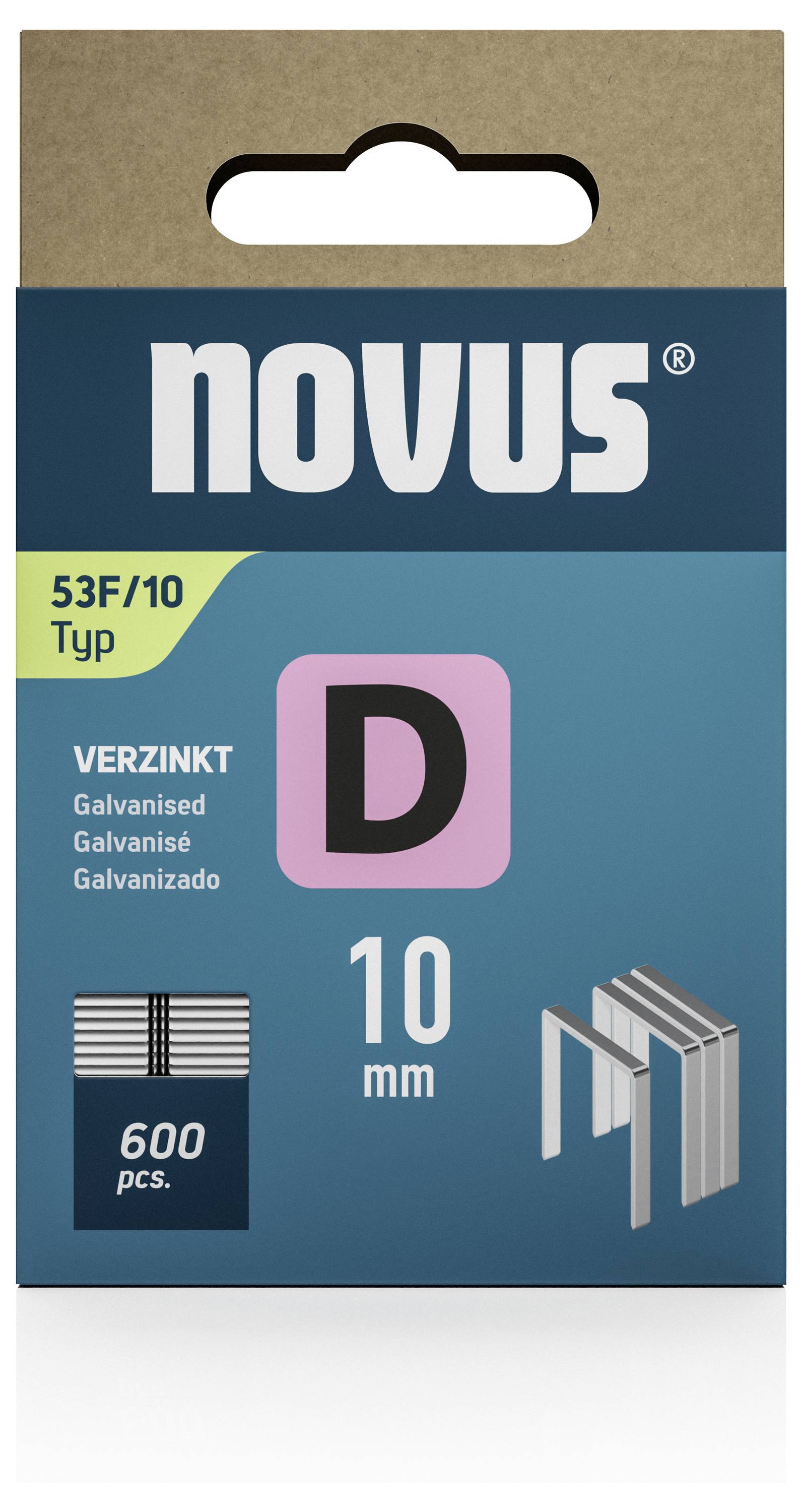 'Novus 53F/10' sponky do sponkovačky, pozinkované, typ D, dĺžka 10 mm, 600 kusov. Obsahuje obrázok spônk v rohu.