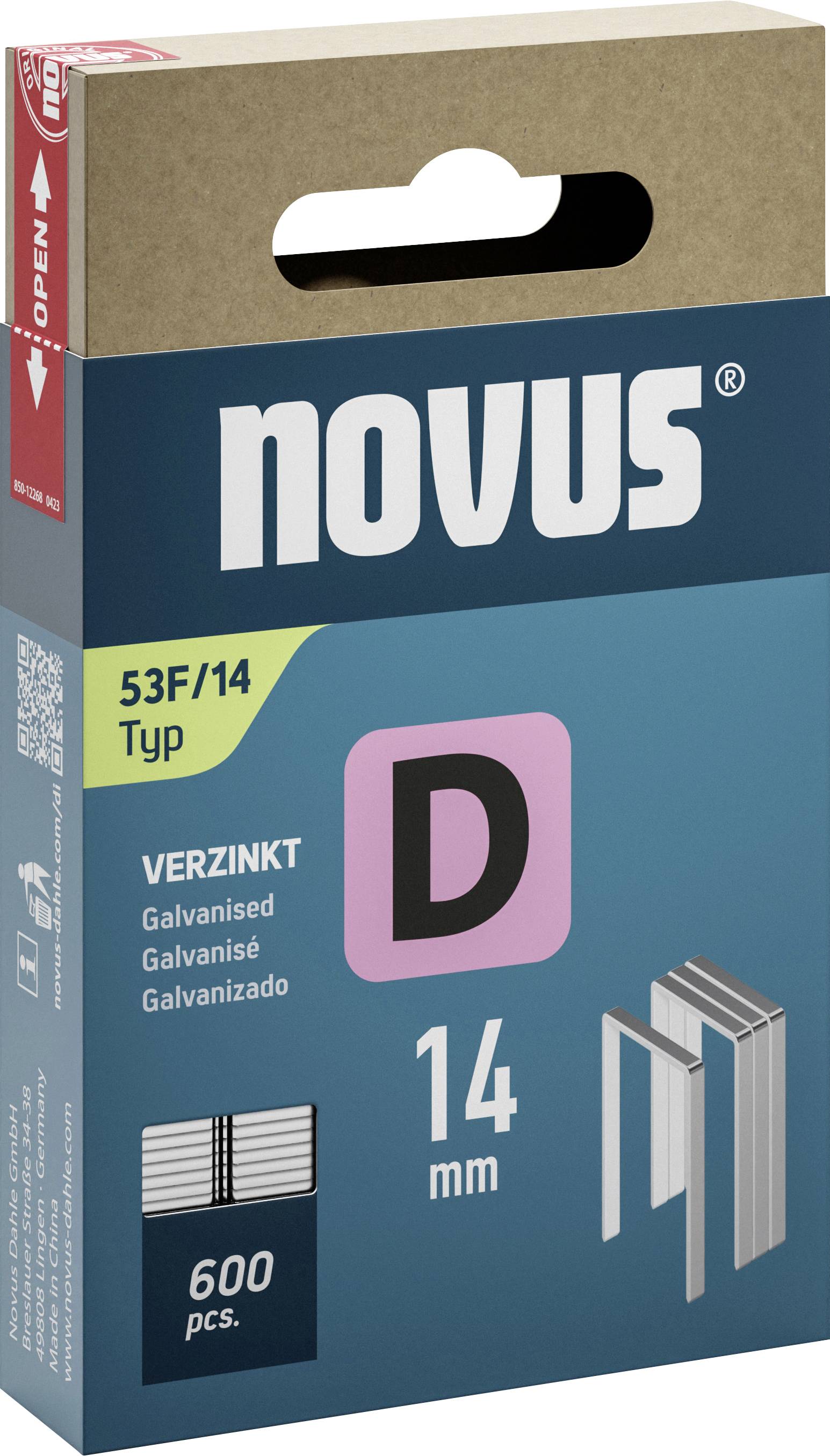 Balenie sponiek Novus, typ 53F/14, pozinkované, dĺžka 14 mm, 600 kusov. Vhodné na upevňovanie materiálov.