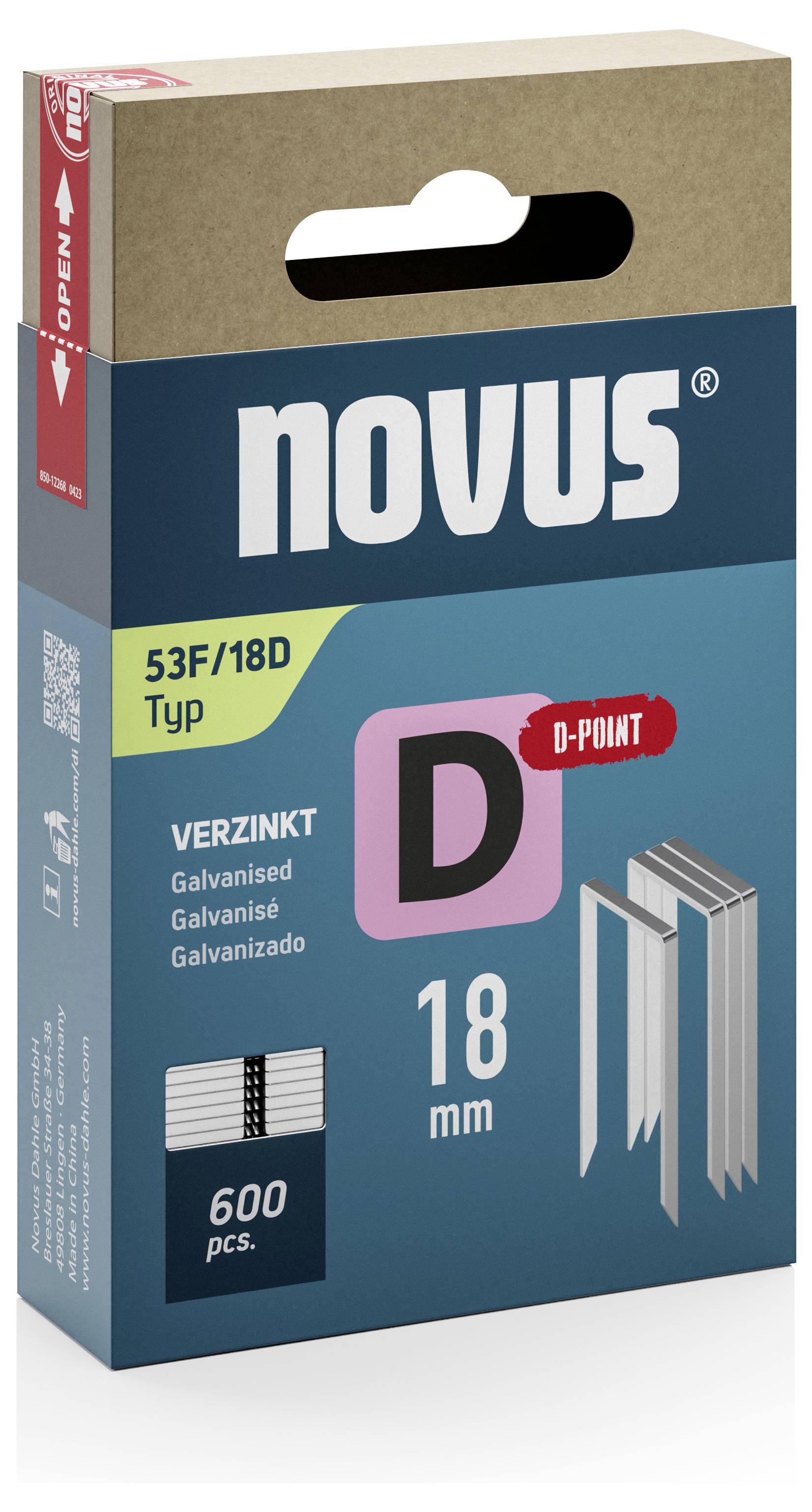 'Novus' spinky 53F/18D, pozinkované, 18 mm, 600 kusov. Balenie zobrazuje štylizované spinky a logo Novus.