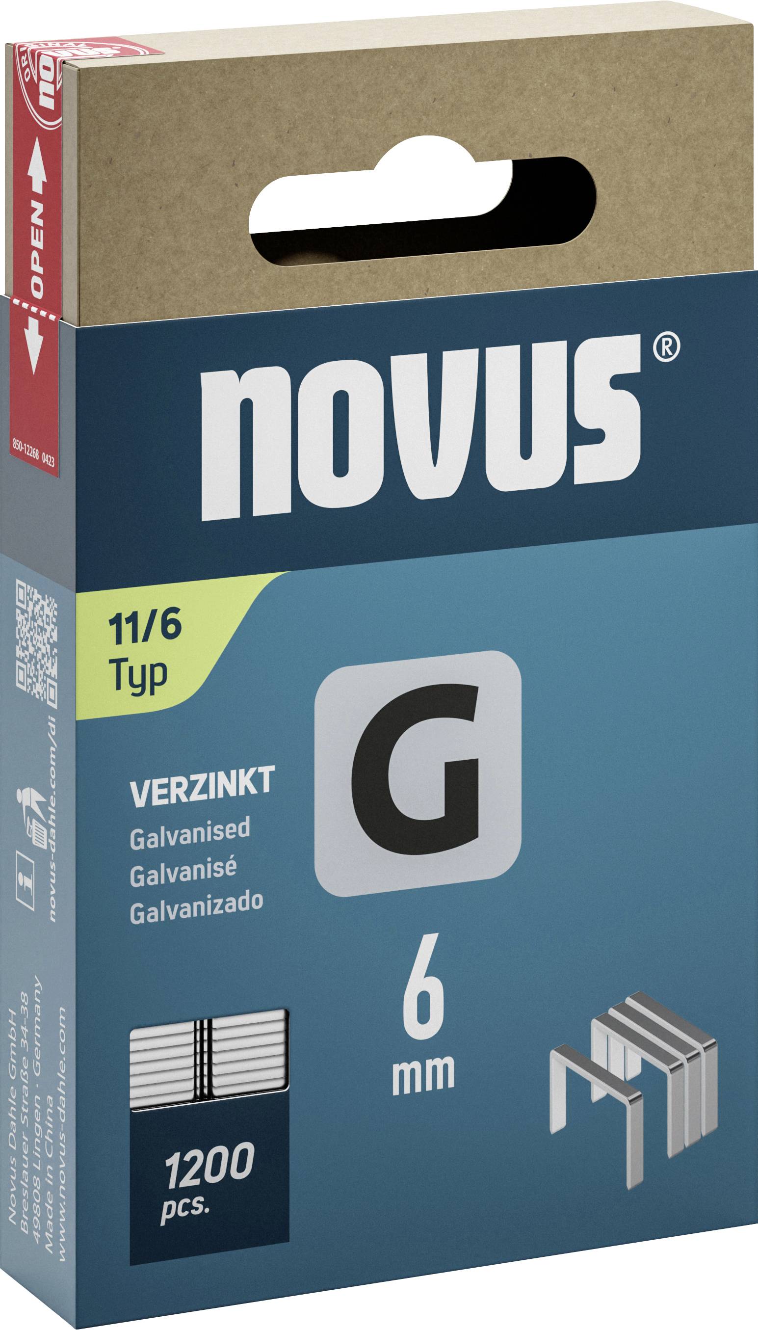 Balenie spiniek Novus, typ 11/6, pozinkované, veľkosť 6 mm, obsahuje 1200 kusov. Obal zobrazuje obrázok spiniek a značku.
