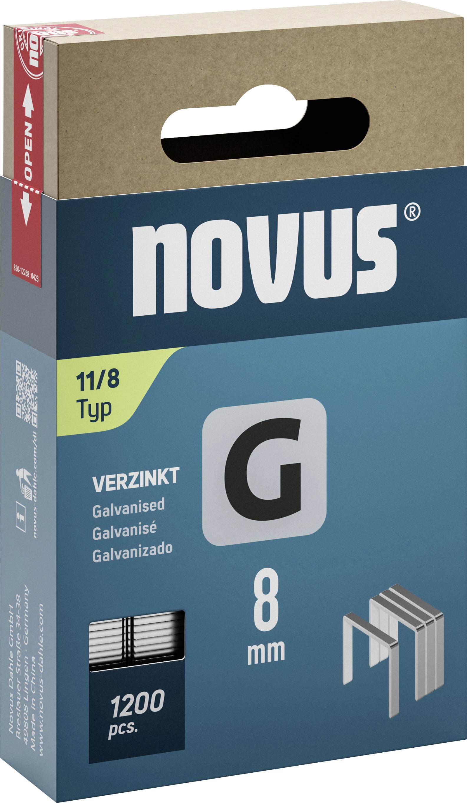 Balenie 1200 pozinkovaných spiniek značky Novus, typ 11/8, vhodných pre materiály hrubé 8 mm.