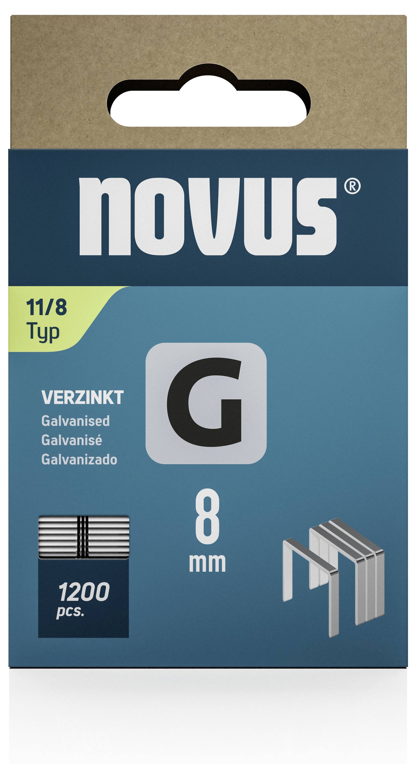 Balenie sponiek do sponkovačky značky 'novus', typ 11/8, pozinkované, 8 mm, 1200 kusov.