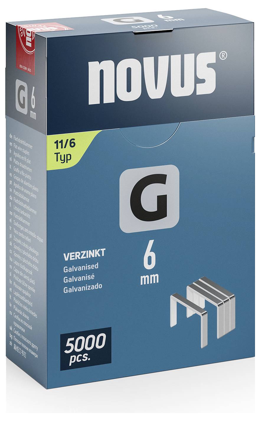 Škatuľa s 5000 pozinkovanými kancelárskymi sponkami, typ 11/6, 6 mm. Značka 'Novus'. Hlavná farba obalu je modrá.