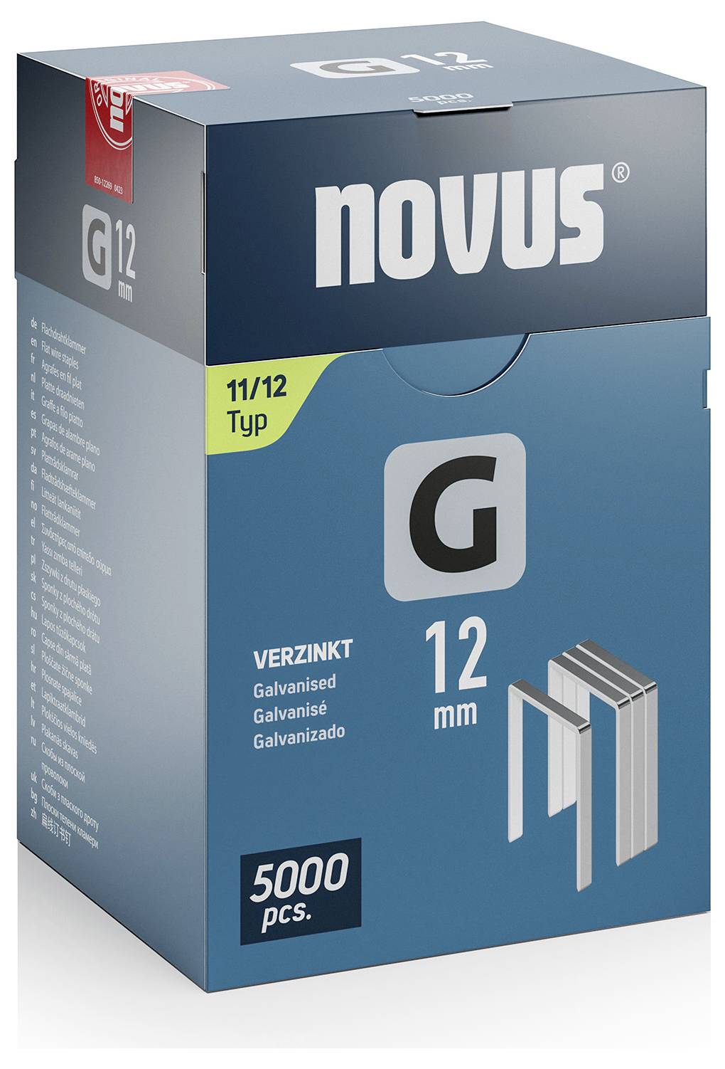Balenie pre svorky Novus 12 mm, 5000 kusov. Obrázok svorky, text vo viacerých jazykoch: 'Pozinkované'.