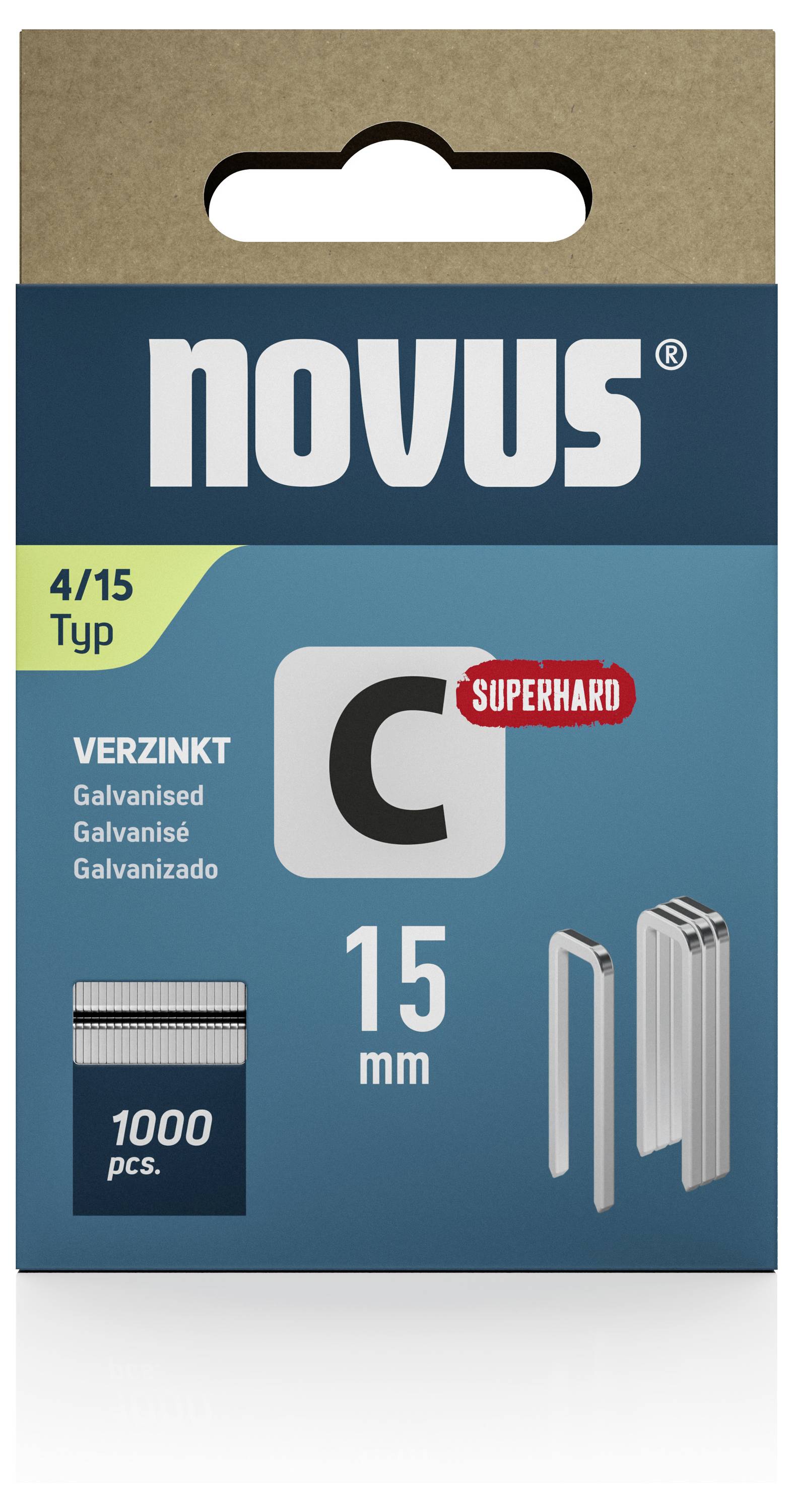 Balenie Novus kancelárskych spiniek typ 4/15, pozinkované, 15 mm, 1000 kusov. Grafiky spiniek a text 'SUPerHARD'.