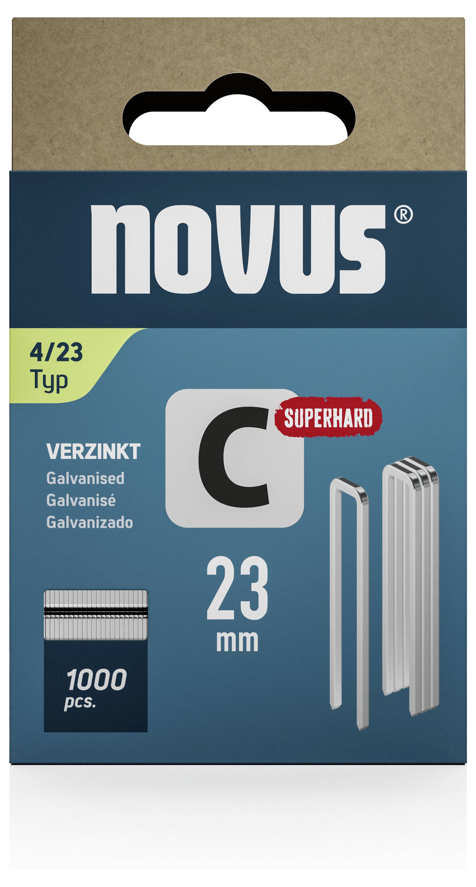 Spinky 'Novus 4/23 Superhard', pozinkované, dĺžka 23 mm. Balenie obsahuje 1000 kusov. Vhodné pre ťažké zošívanie.