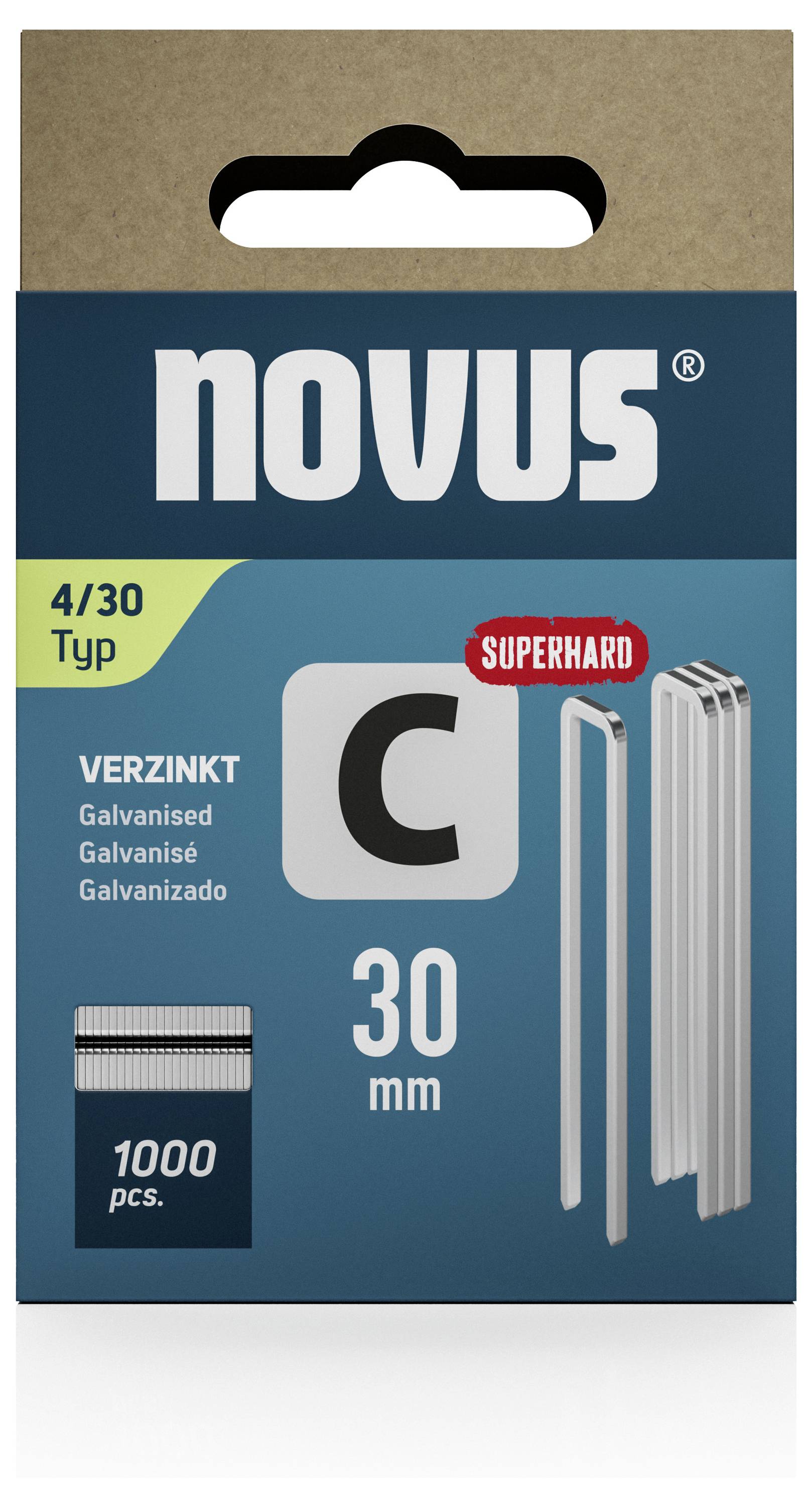 Balenie 1000 pozinkovaných kancelárskych spiniek typu 4/30, dĺžky 30 mm, značky 'Novus', označené ako 'SUPERHARD'.
