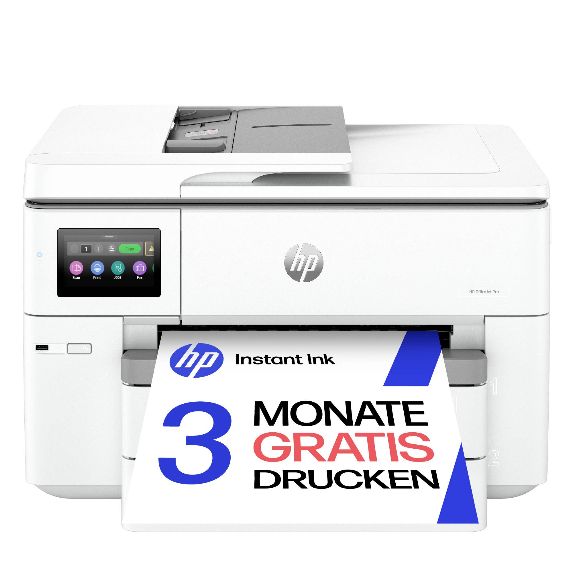 HP všetko-v-jednom tlačiareň tlačí propagačnú stránku, na ktorej je napísané „3 MESIACE BEZPLATNÉHO TLAČENIA" s logom HP Instant Ink.