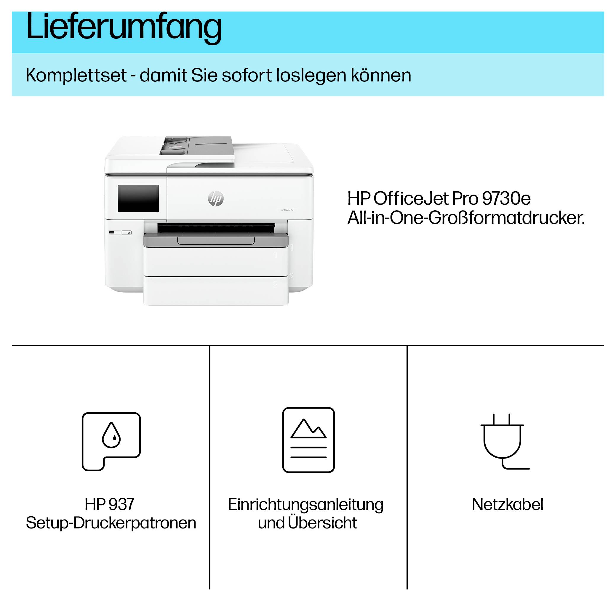 Nemecký obsah balenia pre HP OfficeJet Pro 9730e: tlačiareň, inštalačné atramentové kazety HP 937, sprievodca nastavením a napájací kábel.