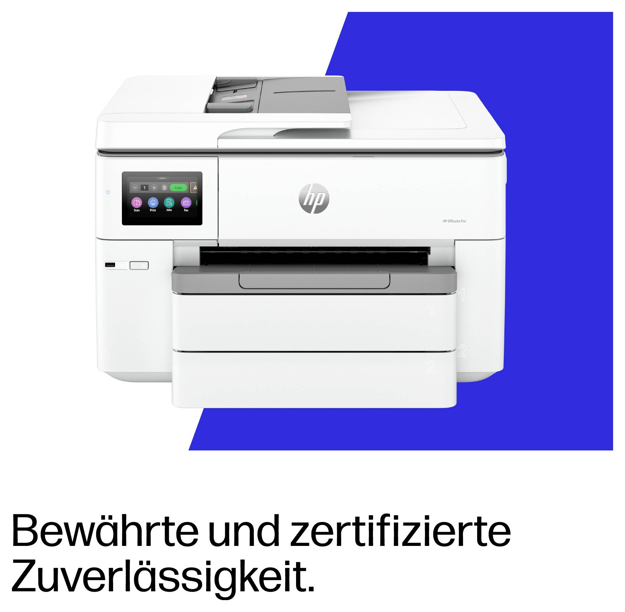HP všetko-v-jednom tlačiareň zobrazená na modrom pozadí s nemeckou hlavičkou „Overená a certifikovaná spoľahlivosť."