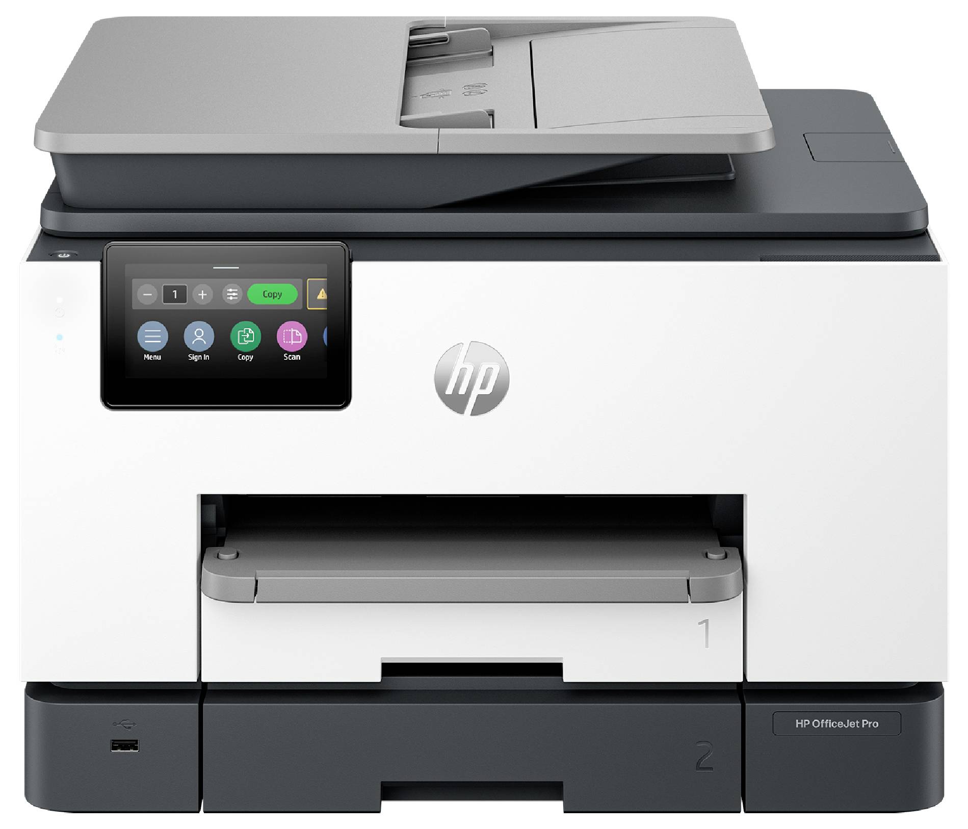 Predný pohľad na multifunkčnú tlačiareň HP OfficeJet Pro s dotykovým ovládacím panelom, skenerom s plochým podložím na vrchu a zásobníkmi papiera pod ňou.