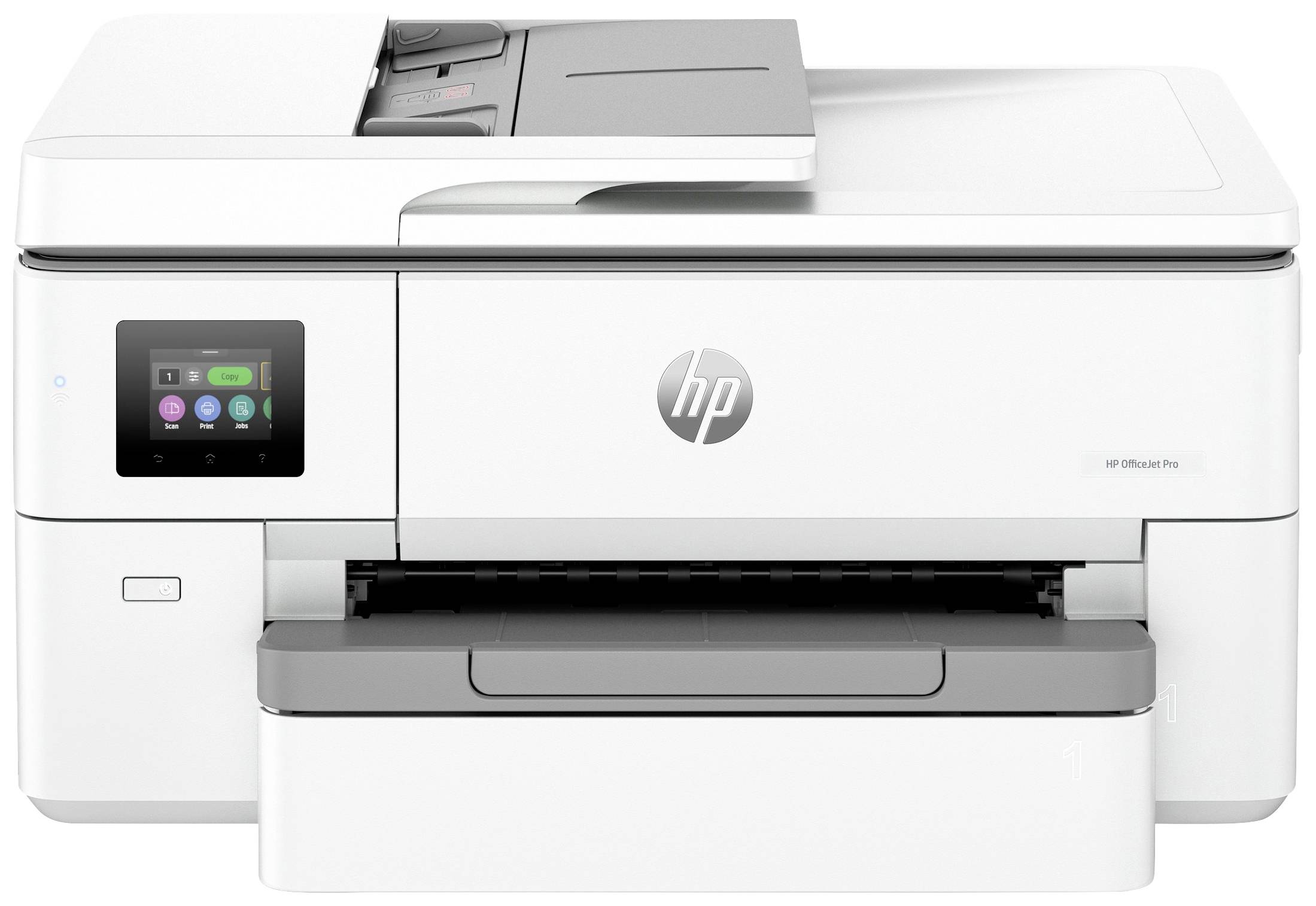 Biely tlačiar s malým displejom a priehradkou na papier, označený logom 'hp'. Model určený pre domáce alebo kancelárske použitie.