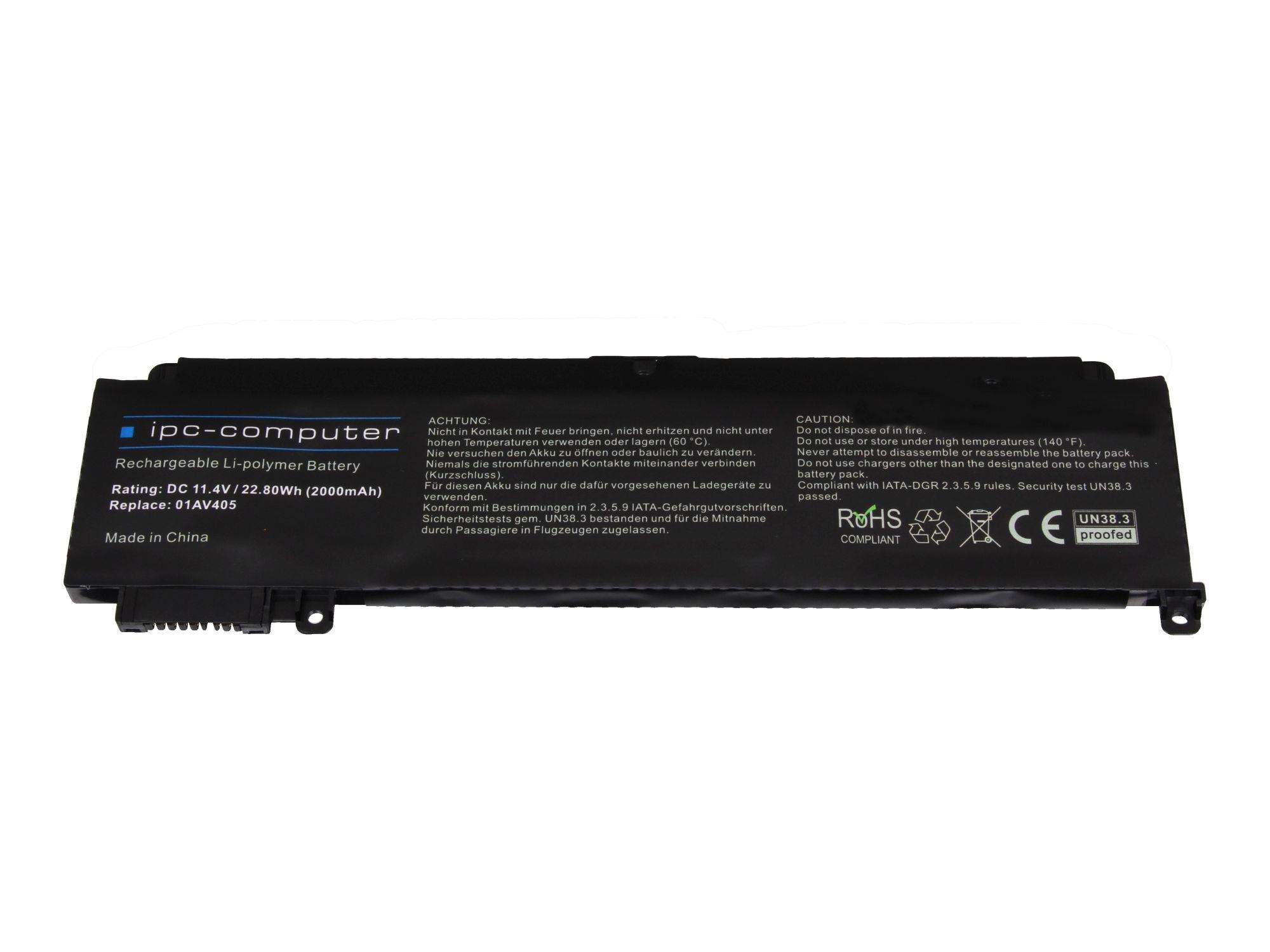 Čierna laptopová batéria s nápisom 'ipo-computer Rechargeable Li-polymer Battery'. Špecifikácie: 11,1V, 22,88Wh, 2060mAh. Vyrobené v Číne.