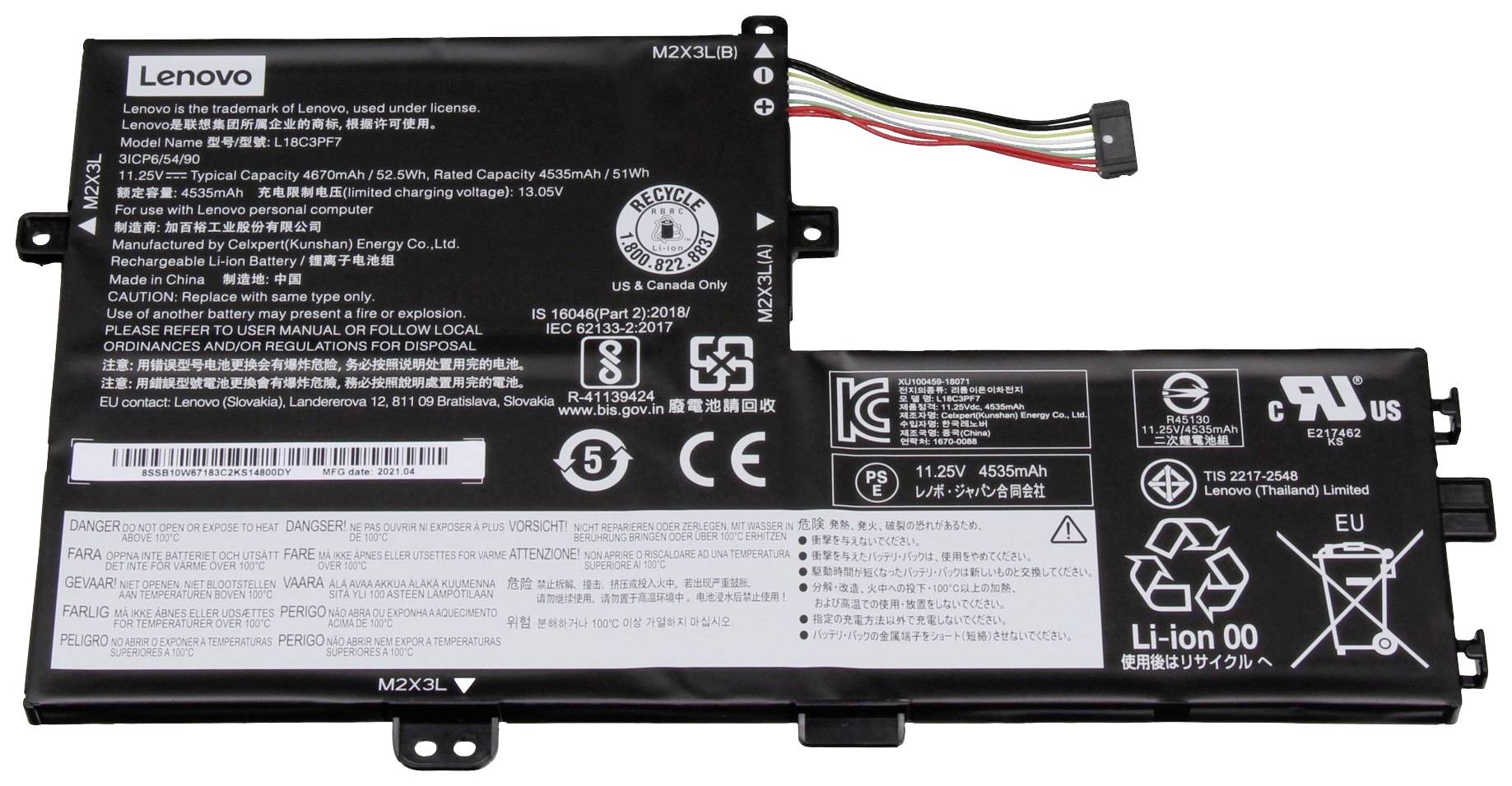 Obdĺžnikový batériový akumulátor Lenovo s modelovým číslom L15L3PB0. Akumulátor má kapacitu 4550mAh a 52,5Wh pri napätí 11,4V.