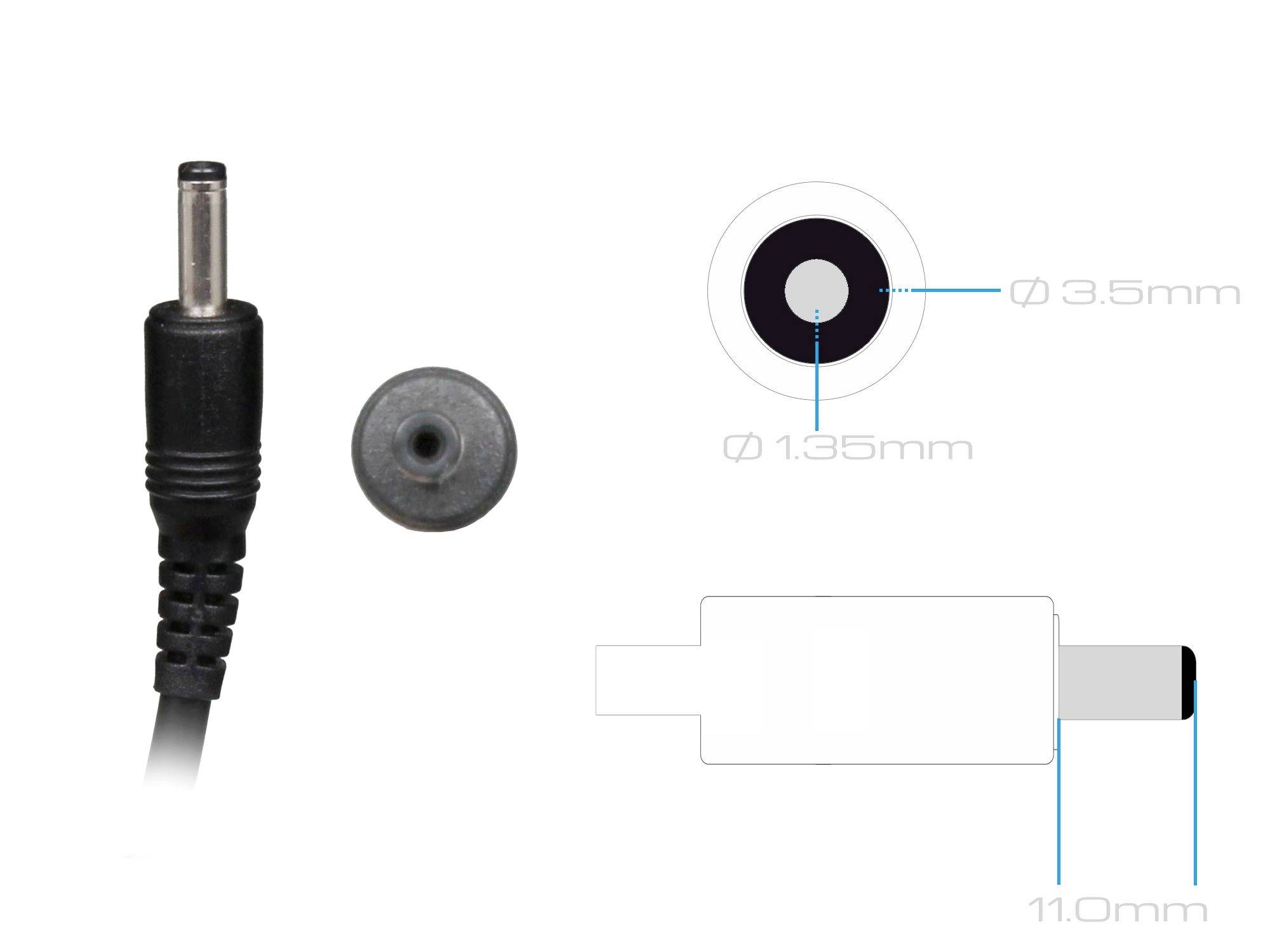 Obrázok guľatého konektora s rozmermi: vonkajší priemer 3,5 mm, vnútorný priemer 1,35 mm, dĺžka 11 mm.