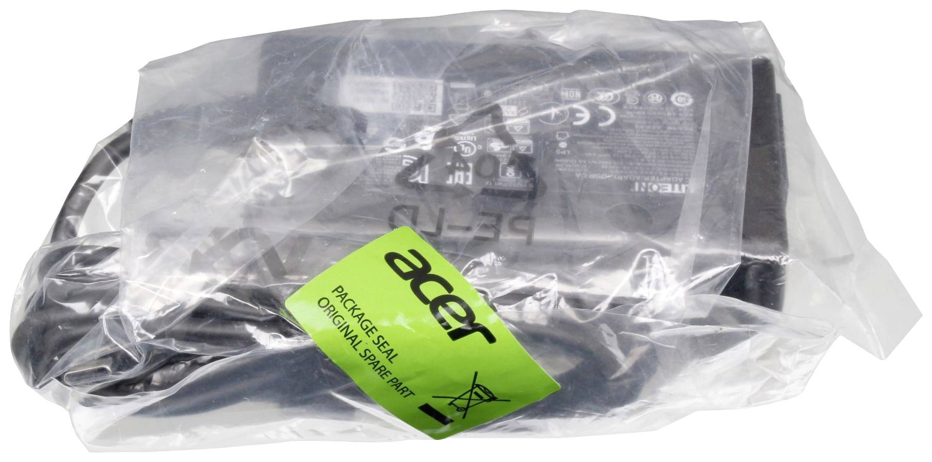 Sieťový adaptér notebooku Acer zabalený v plastovom obale so zelenou etiketou "Package Seal Original Spare Part".