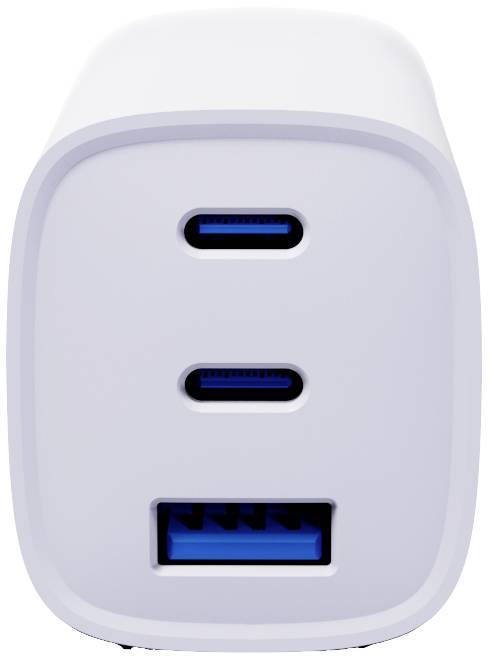 Biele nabíjačka s dvoma USB-C portami hore a jedným USB-A portom dole.