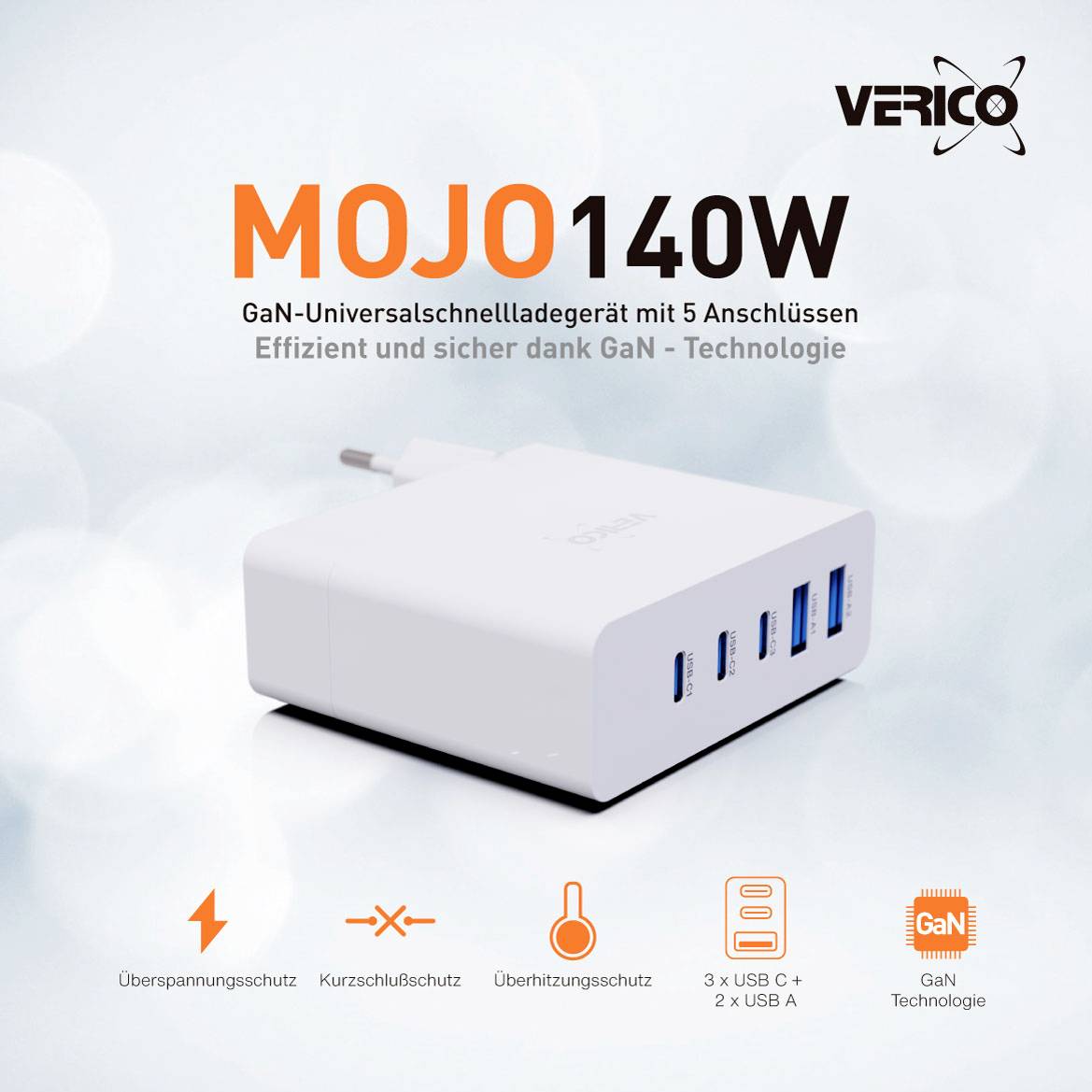 Biele 140W GaN rýchlonabíjacie zariadenie od Verica s piatimi USB portami, propagované ako efektívne a bezpečné vďaka GaN technológii.