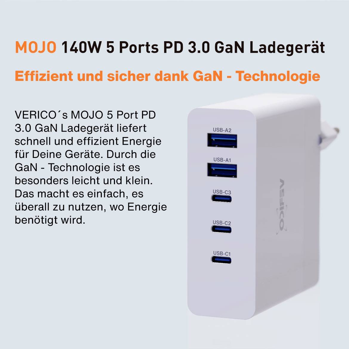 MOJO 140W 5-portová PD 3.0 GaN nabíjačka so štyrmi USB portami, zvýraznená textom 'Efektívna a bezpečná vďaka GaN technológii'.