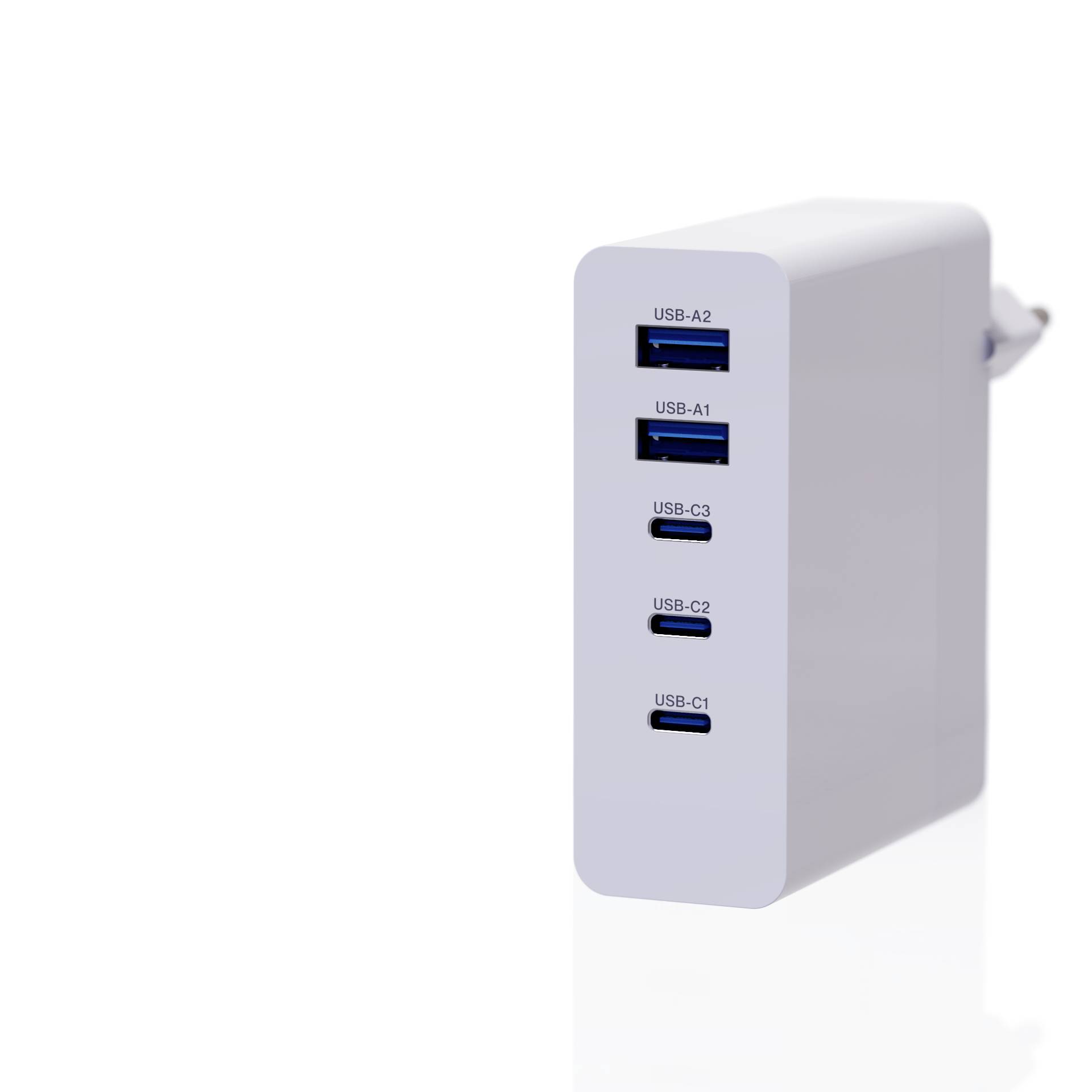 Biela USB nabíjačka s piatimi portami: dva USB-A a tri USB-C porty, umiestnená pred neutrálnym pozadím.