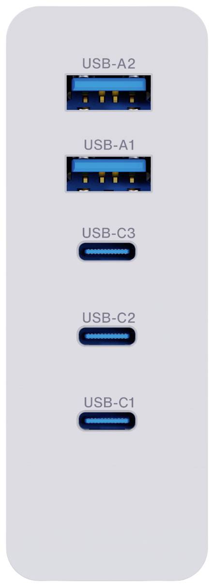 USB hub s dvoma USB-A a tromi USB-C portami. Porty sú označené: USB-A2, USB-A1, USB-C3, USB-C2, USB-C1.