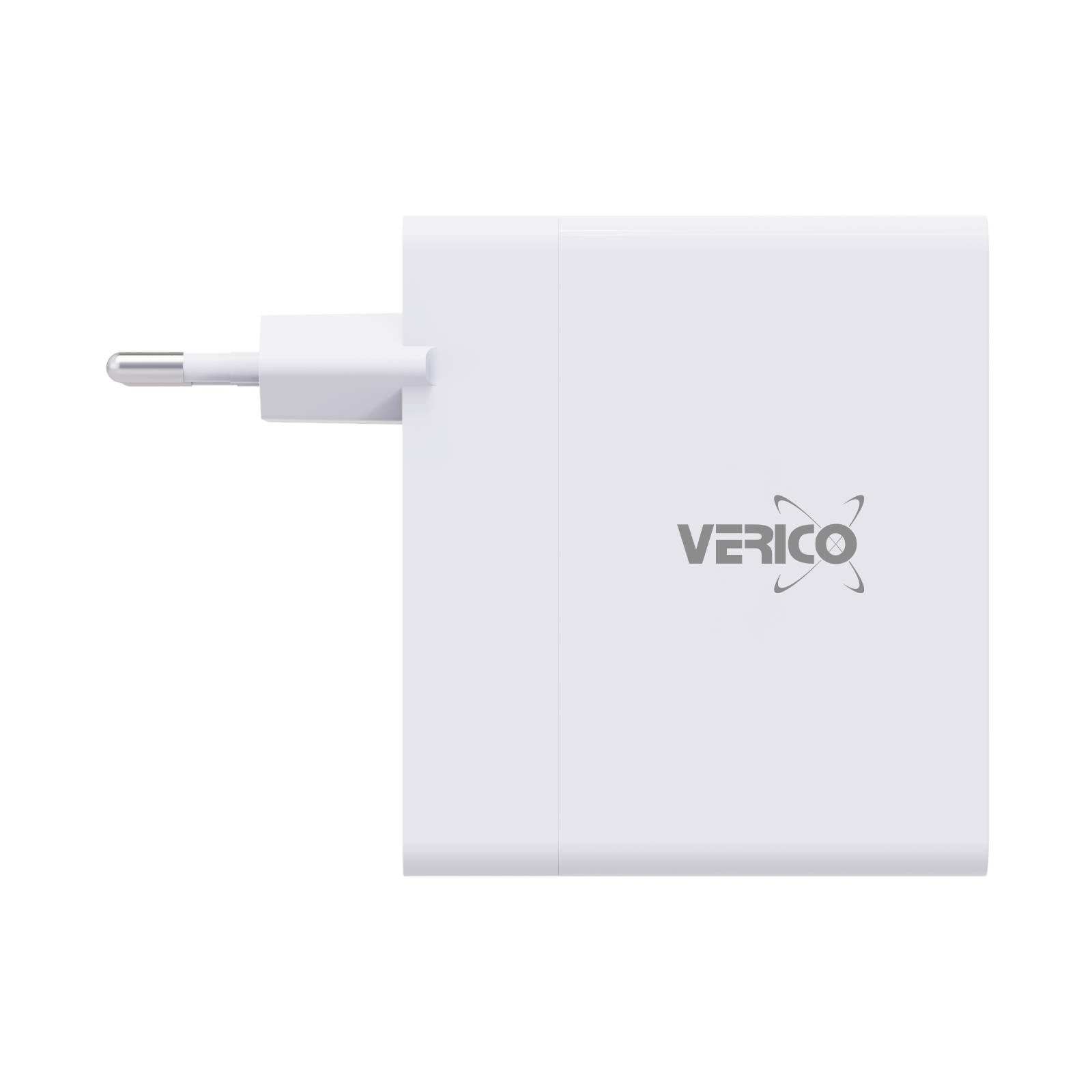 Biely nabíjací adaptér s európskou zástrčkou a logom 'VERICO' je znázornený.