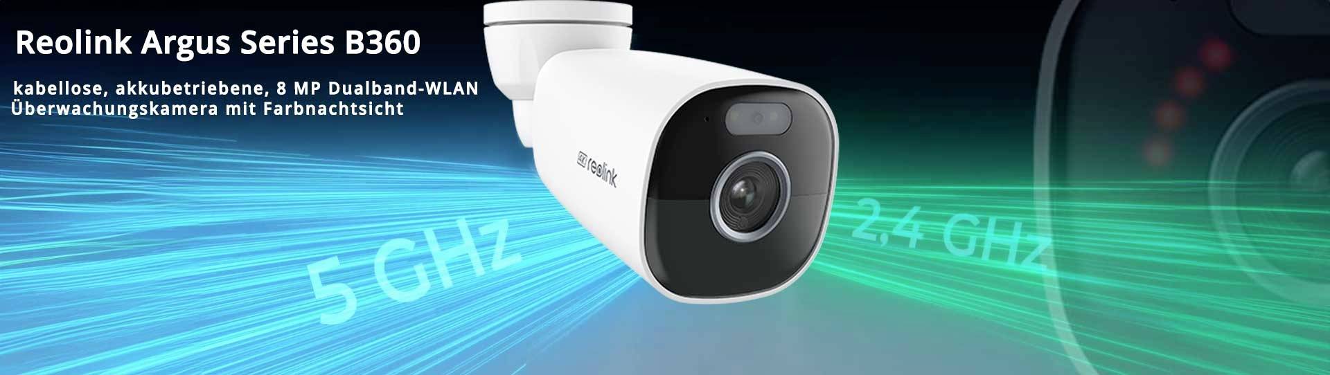 Bezpečnostná kamera 'Reolink Argus Series B360', bezdrôtová, napájaná batériou, 8 MP, duálne pásmo Wi-Fi, farebné nočné videnie, 5 GHz a 2,4 GHz.