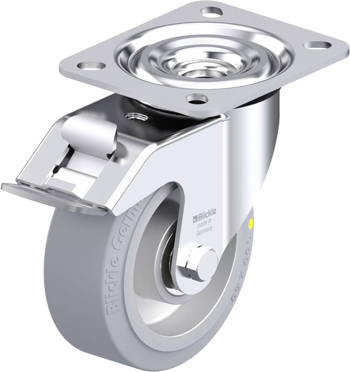 Šedé, otočné koliesko na vozík z kovu s upevňovacou doskou. Vhodné pre nábytok alebo prepravné zariadenia.