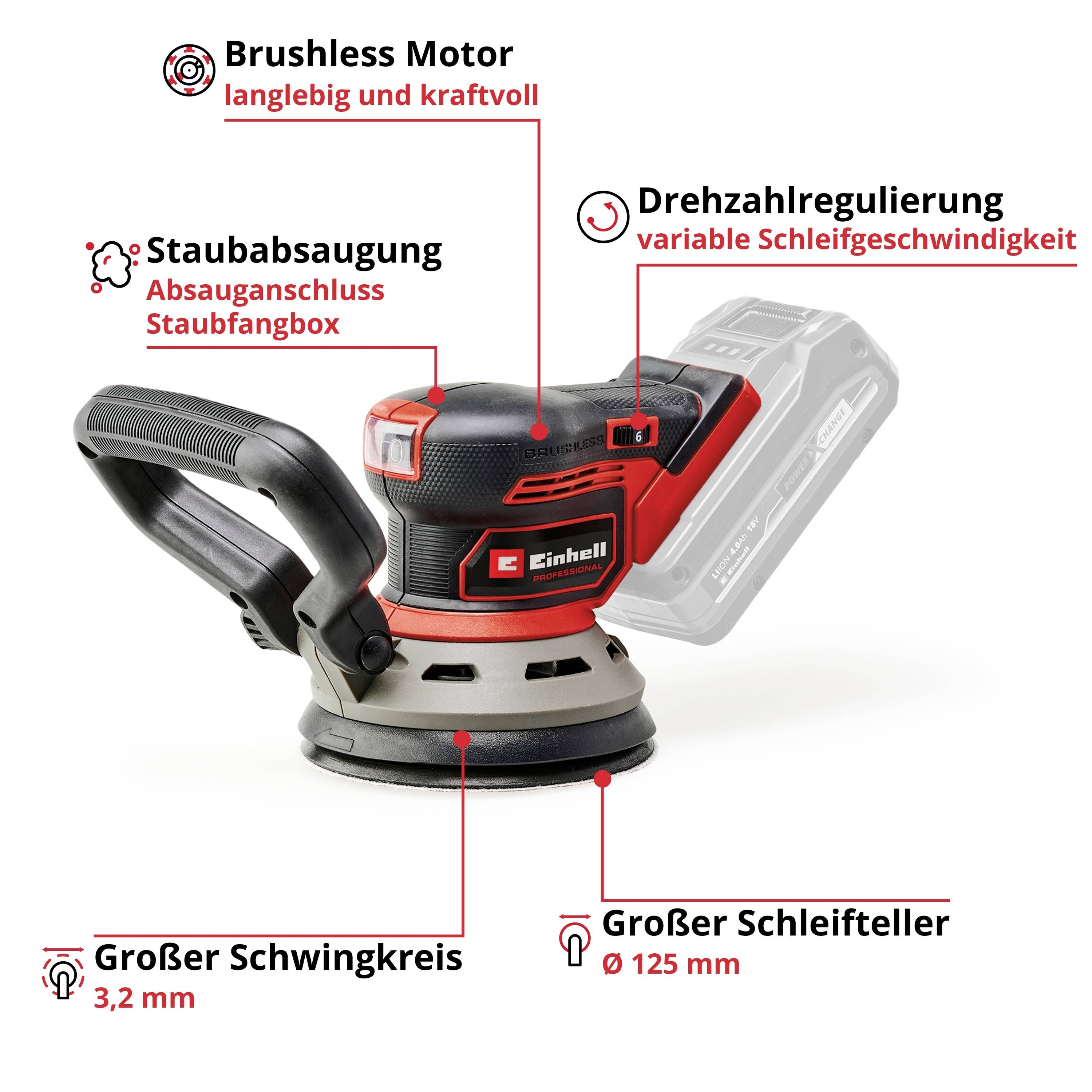 Excentrická brúska 'Einhell' s bezkartáčovým motorom, odsávaním prachu, reguláciou otáčok, kmitací rozsah 3,2 mm, brúsny tanier 125 mm.