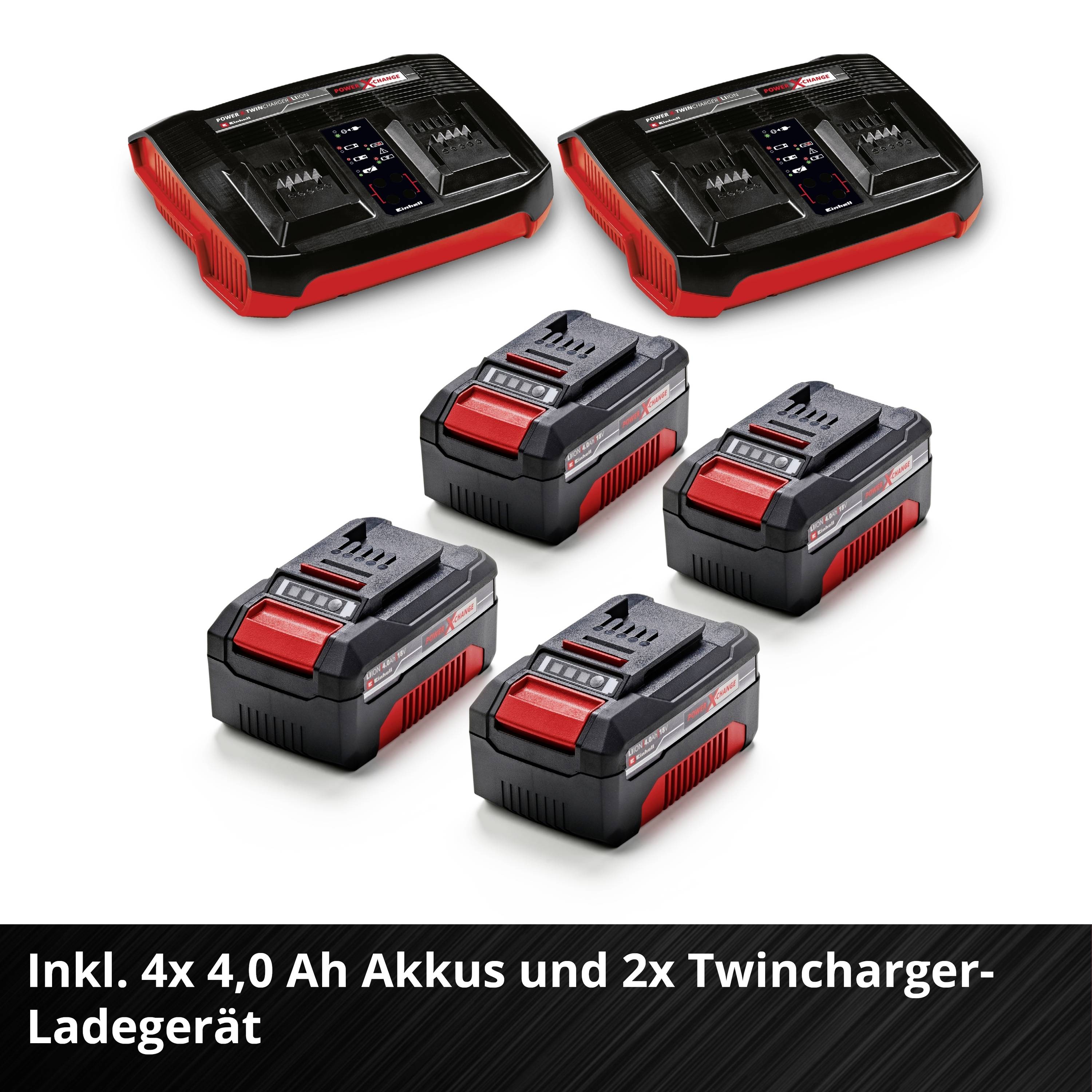 Štyri 4,0 Ah akumulátory s dvoma nabíjačkami Twincharger.