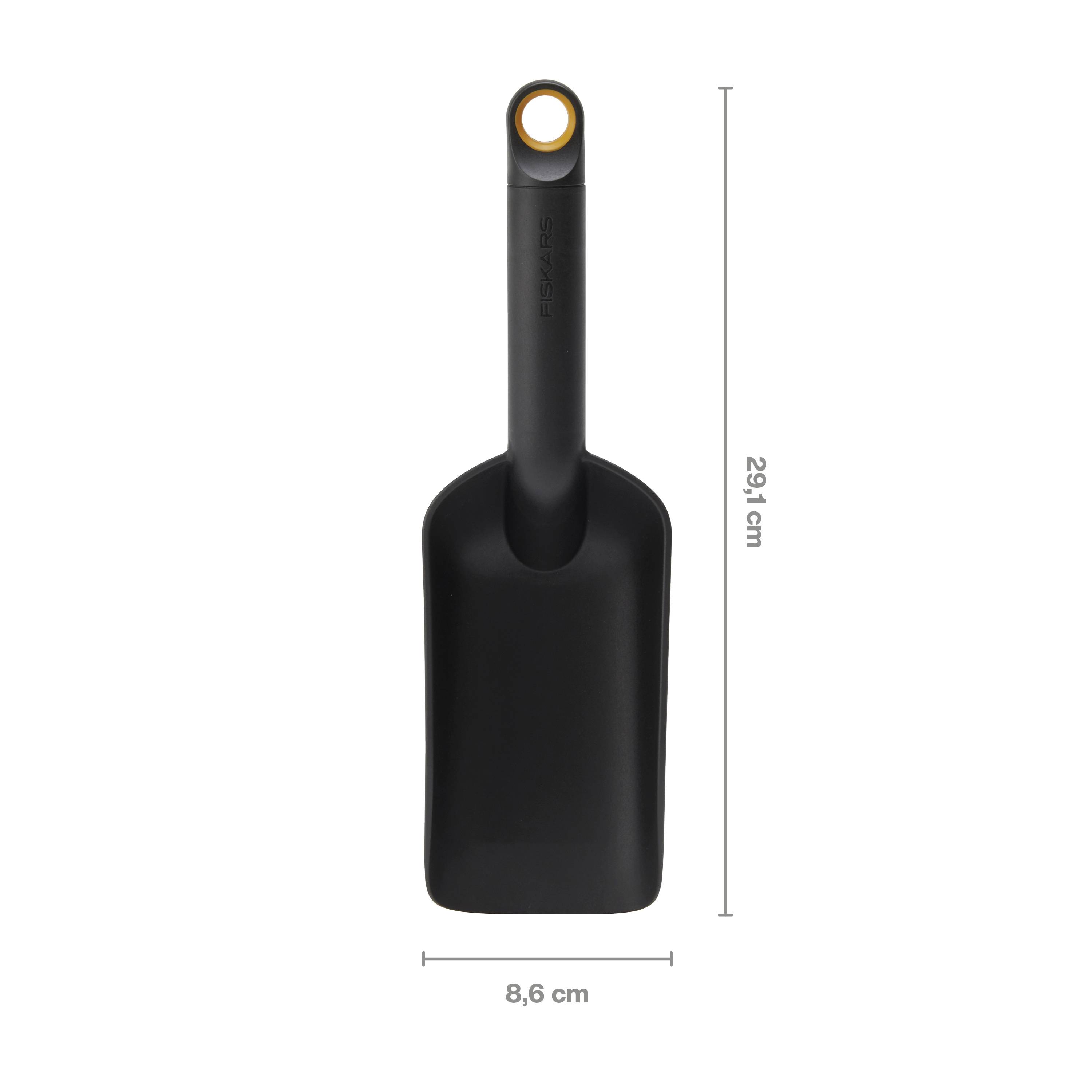 Čierna plastová lopata s rukoväťou, 29,1 cm dlhá a 8,6 cm široká, ideálna pre záhradné práce.