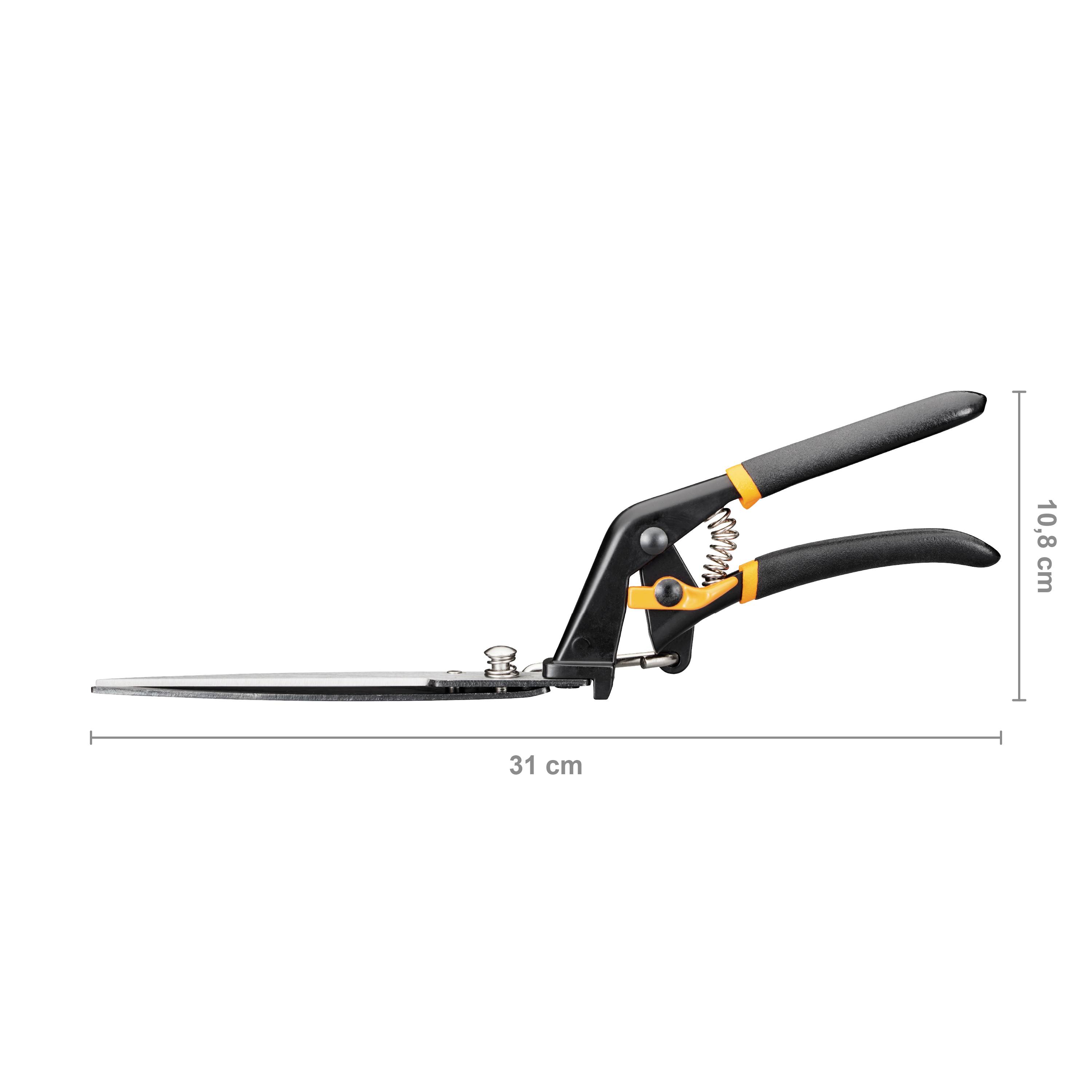 Záhradné nožnice s čierno-žltou rukoväťou. Dĺžka: 31 cm, výška: 10,8 cm. Pružinový mechanizmus pre ľahké strihanie.