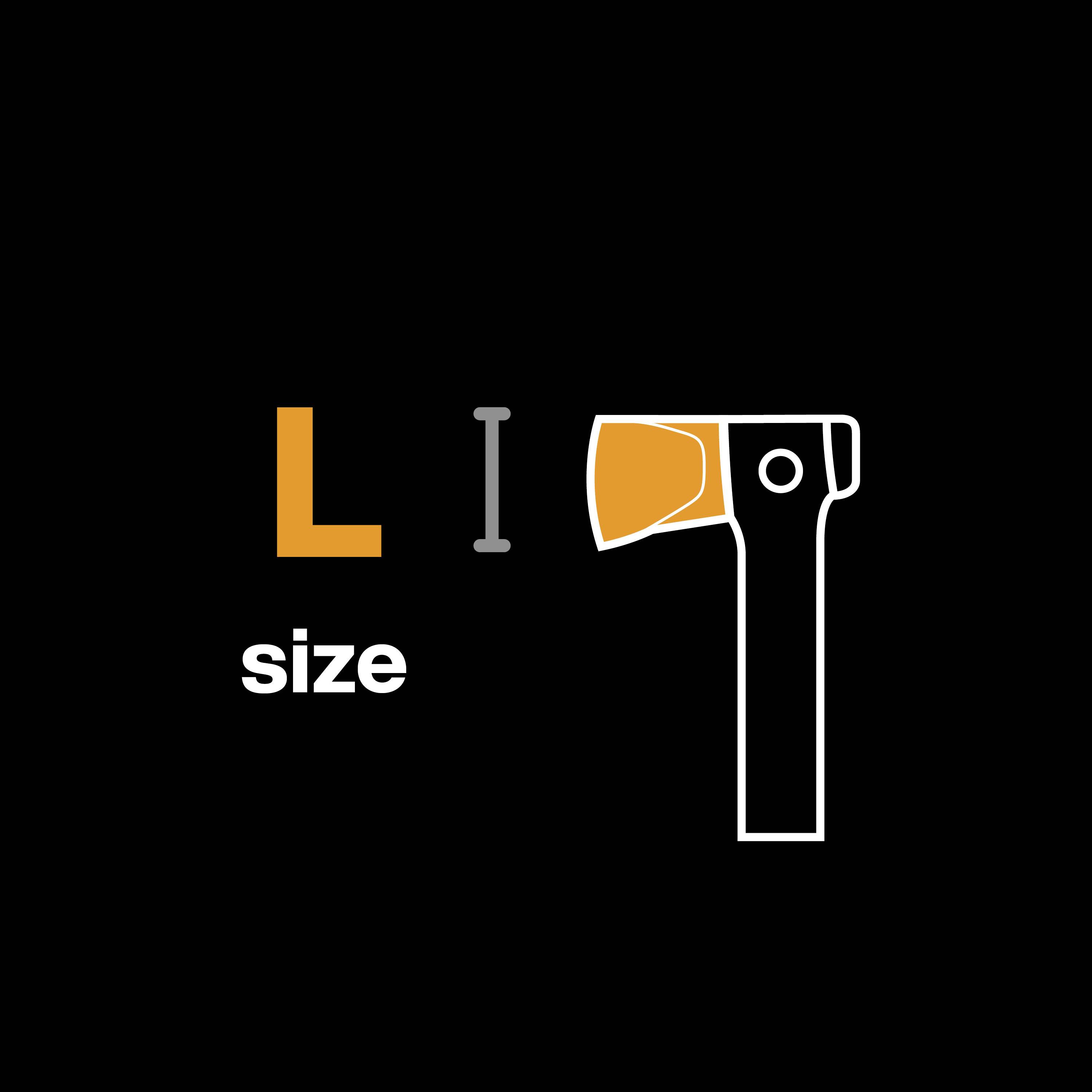 Obrázok zobrazuje biely text 'Size', ktorý je otočený, vedľa oranžového písmena 'L', ktoré vyzerá ako hlava sekery.