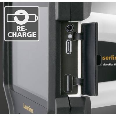Laserový prístroj Laserliner s displejom a nabíjacím portom v centre, vpravo na obrázku. Vľavo hore symbol 'RE-CHARGE'.