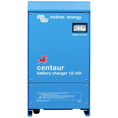 Modrý nabíjací agregát Victron Energy Centaur s ampérmetrom a firemným logom, zobrazujúci výstupný prúd. Model: 12V 60A.