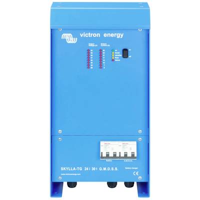Modrá nabíjačka batérií od spoločnosti Victron Energy s viacerými LED indikátormi a vypínačom. Model: Skylla-TG 24i 30i GMDSS.