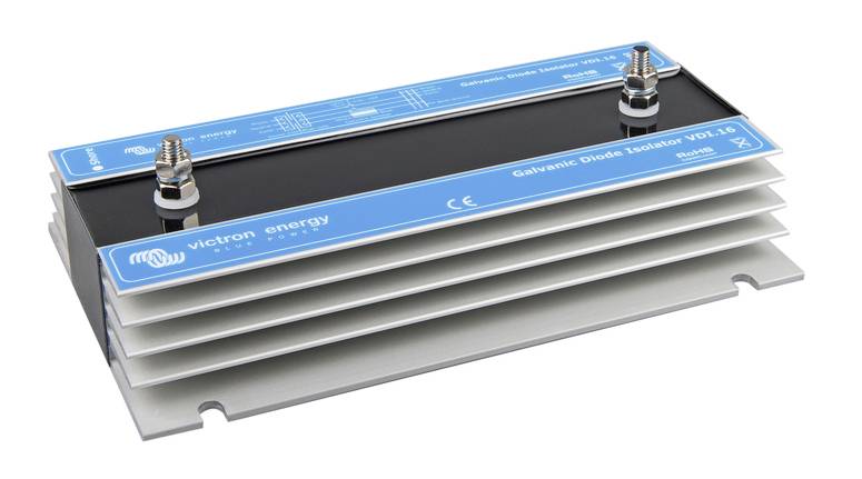 Galvanický izolačný diódy od spoločnosti Victron Energy, model VDI-16, s modrým označením na striebornom kryte.