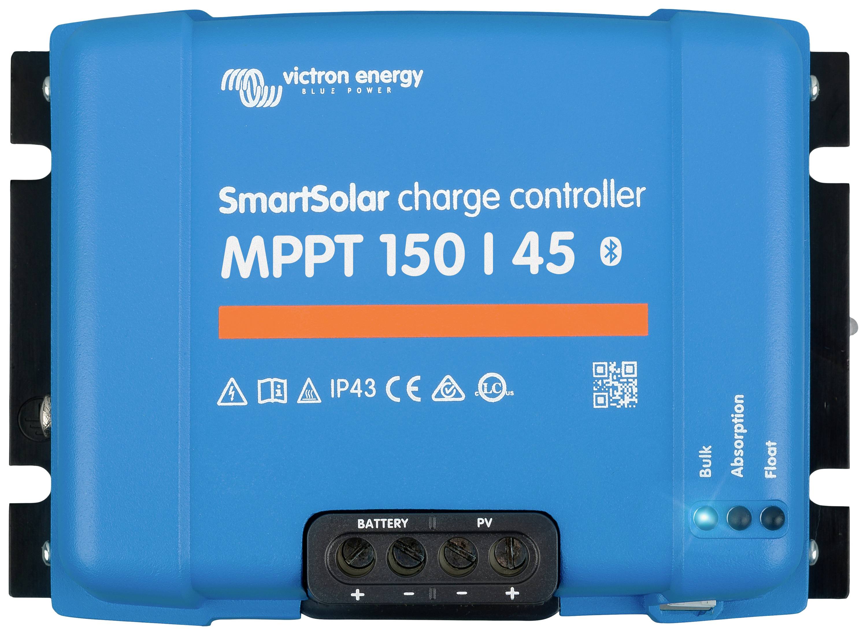 Solárny regulátor nabíjania 'SmartSolar MPPT 150 | 45' od Victron Energy. Modré púzdro s indikačnými LED diódami pre hromadné nabíjanie, absorpčnú a flotačnú fázu, stupeň krytia IP43.
