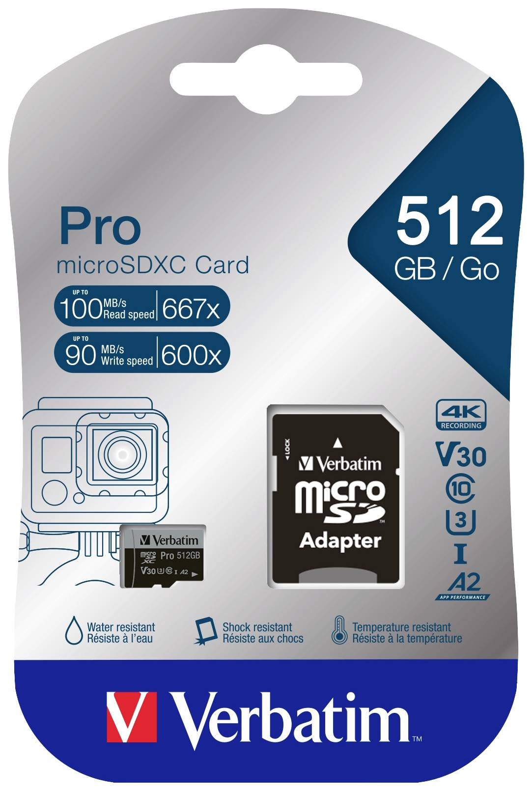 Verbatim Pro microSDXC karta, 512 GB, rýchlosť čítania 100 MB/s, rýchlosť zápisu 90 MB/s, vodu a náraz odolná, teplotne stabilná, vhodná pre 4K.