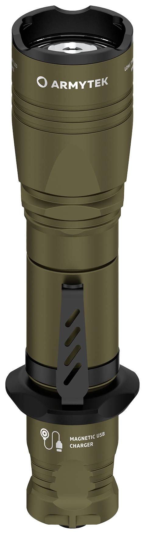 Olivovozelená baterka s klipom a magnetickým USB nabíjacím konektorom.