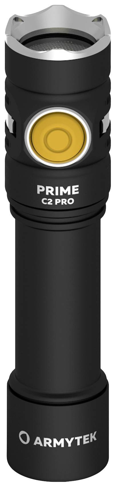 Čierna baterka s žltým tlačidlom, označená nápisom 'PRIME C2 PRO' a 'ARMYTEK', kompaktná a robustná konštrukcia určená pre vonkajšie použitie.