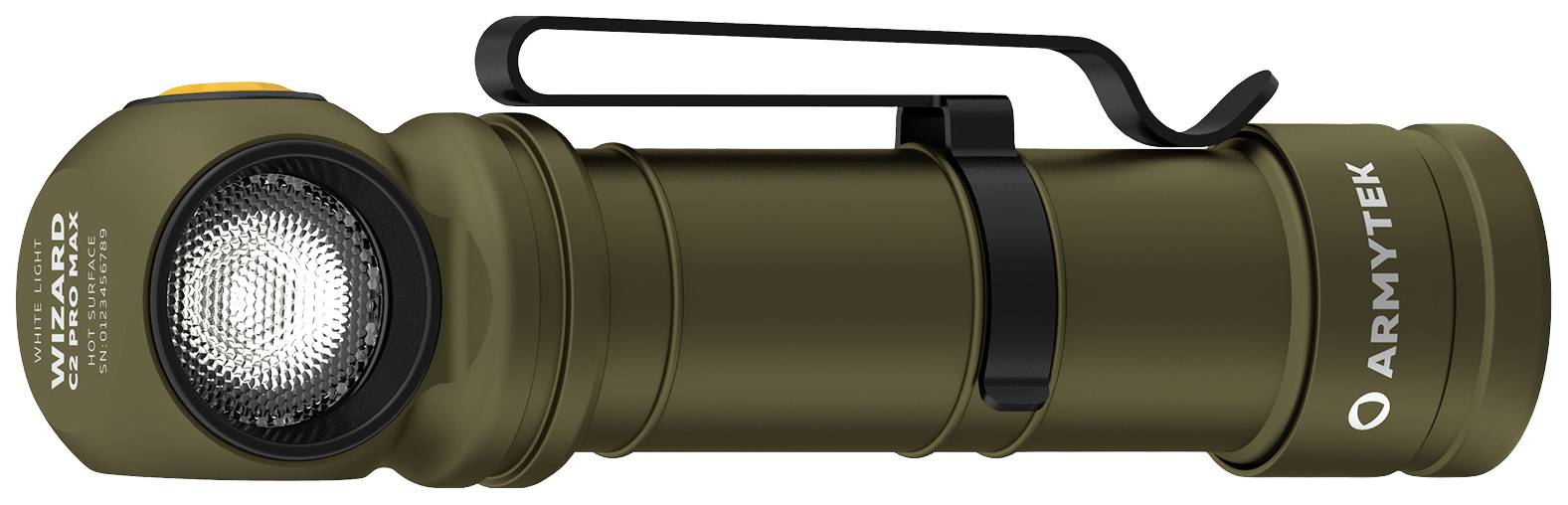 Olivovozelená baterka značky Armytek s bočným tlačidlom a klipom, vhodná pre outdoorové aktivity.