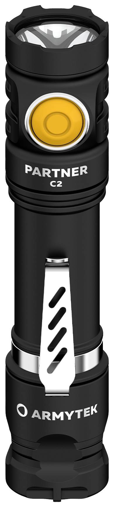 Čierna baterka so žltým tlačidlom a strieborným klipom, označená nápismi 'PARTNER C2' a 'ARMYTEK'.