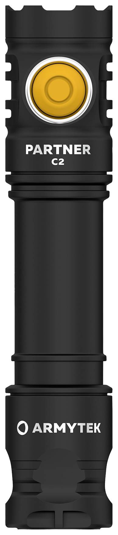 Čierna baterka so žltým tlačidlom, značka 'Armytek Partner C2'. Robustný dizajn, kompaktná a funkčná pre outdoorové aktivity.