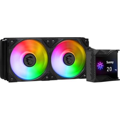 Obrázok znázorňuje chladenie procesora pomocou vodného chladenia s dvoma RGB ventilátormi a digitálnym displejom, ktorý zobrazuje 'Sunny 20°C'.