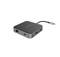 Kompaktný, štvorcový USB-C hub s viacerými portami: Ethernet, USB-C a dva USB-A porty. Kábel je integrovaný.