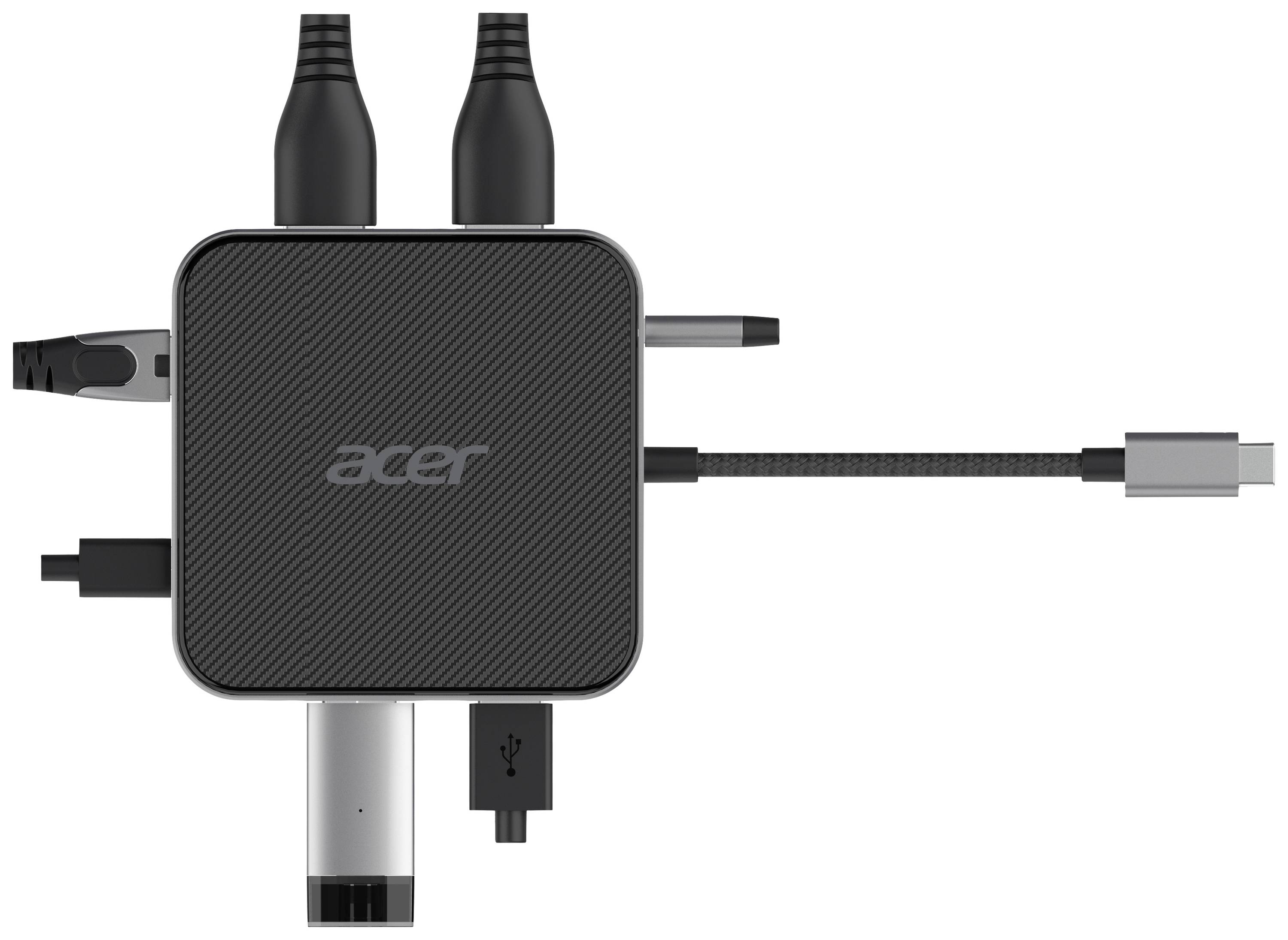 Dokovacia stanica Acer s viacerými portami: HDMI, USB-C, USB-A, Ethernet. Kompaktný, obdĺžnikový dizajn.
