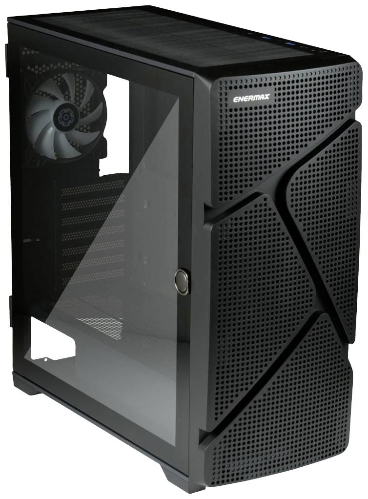 Čierna počítačová skrinka so sklenenou bočnou stenou a vetracími otvormi. Viditeľné ventilátory vo vnútri. Logo Enermax v pravom hornom rohu.