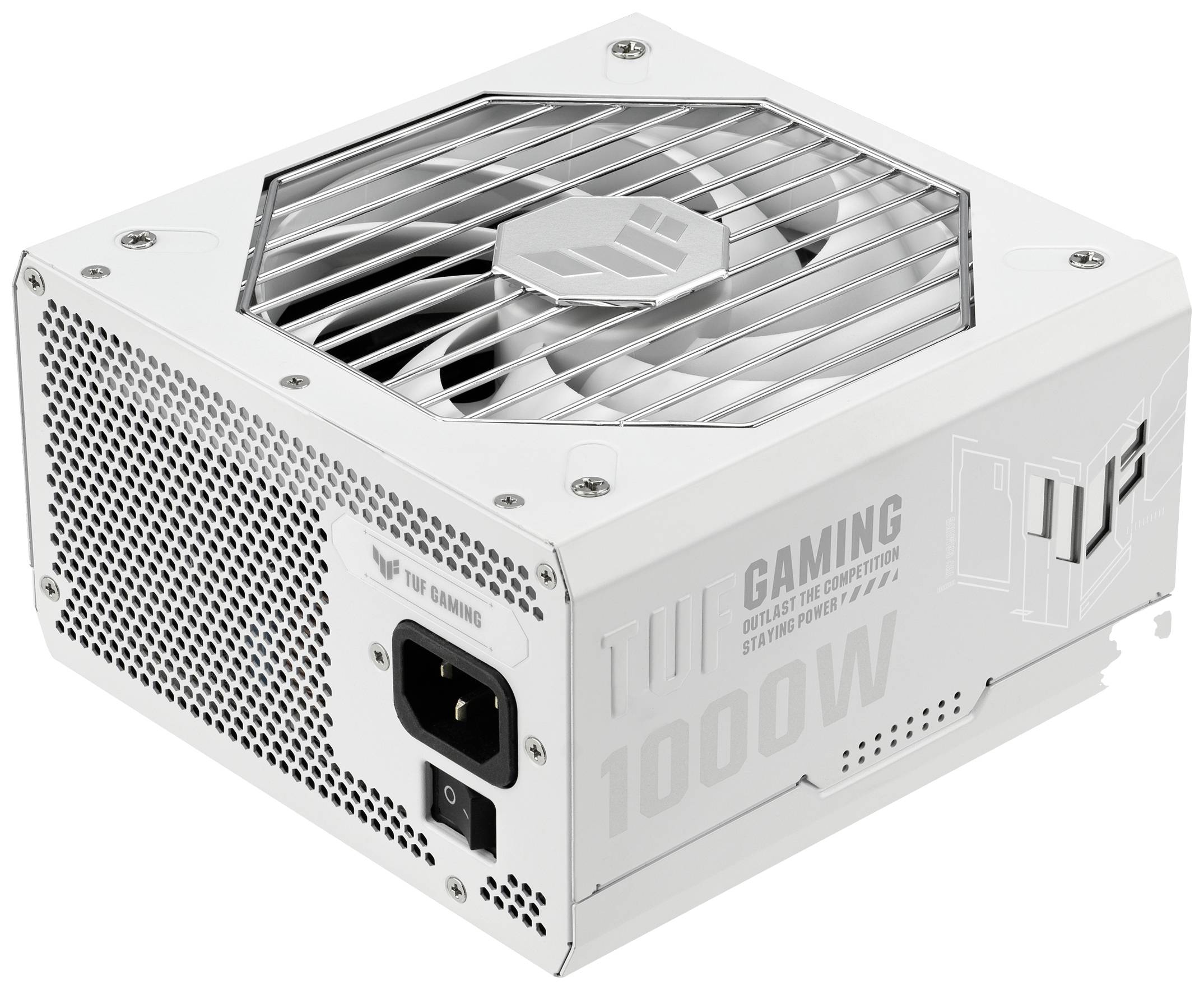 Biela PC napájacia jednotka s vetracou mriežkou na vrchu. Nápis: '1000W' a 'Gaming'. Vhodná pre zostavenie počítača a vysoký výkon.